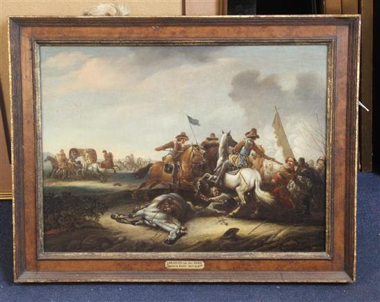 Attributed Abraham Van Der Hoef (Dutch 1611-1666) A Cavalry Skirmish 13.25 x 18in.